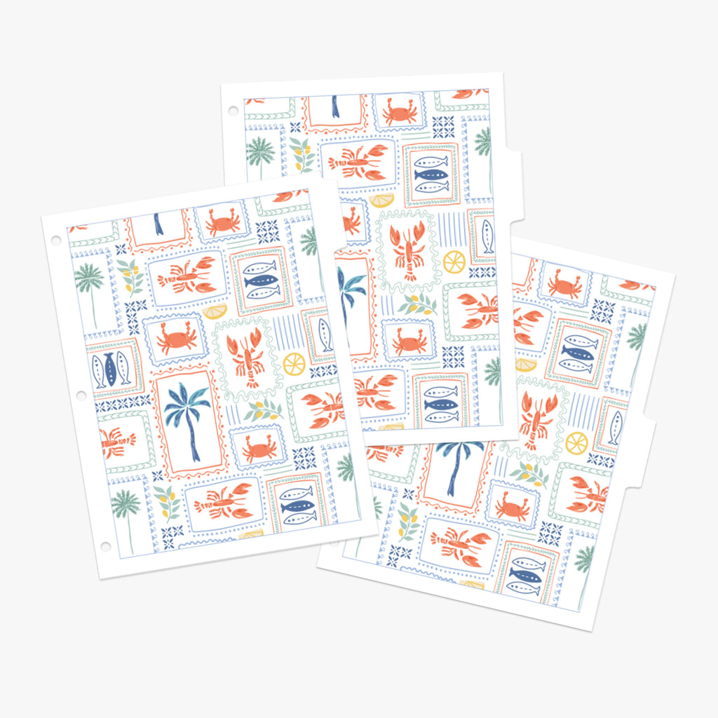 Recipe binder tabs in a colorful pattern inspired by a summer in Italy, 3 tabs on a white background