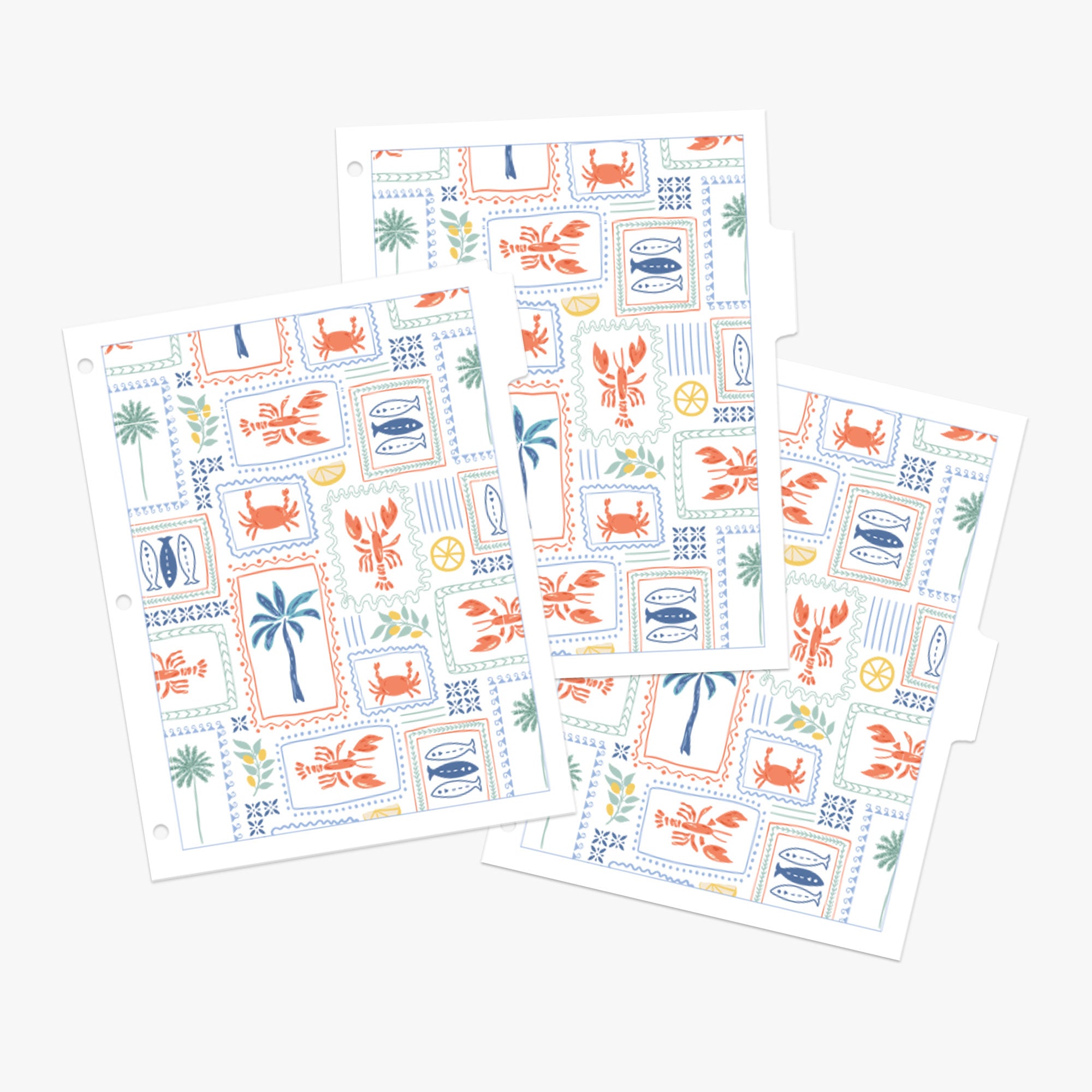 Recipe binder tabs in a colorful pattern inspired by a summer in Italy, 3 tabs on a white background