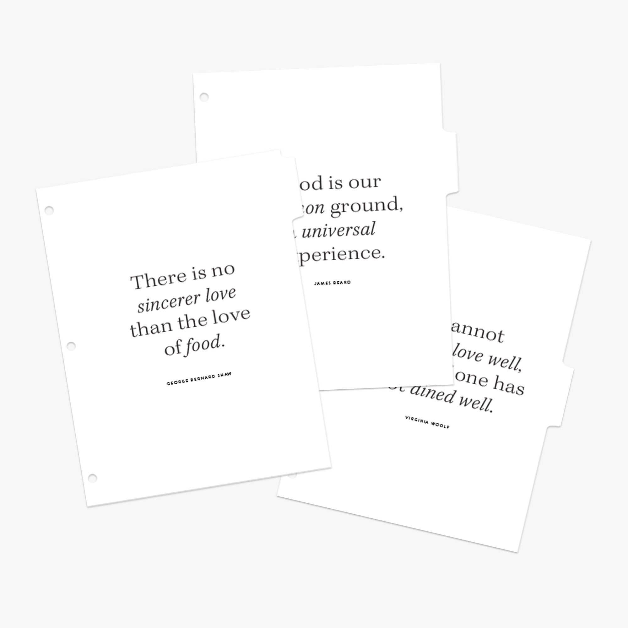 Set of recipe binder tab dividers with quotes about cooking in black ink on a white background