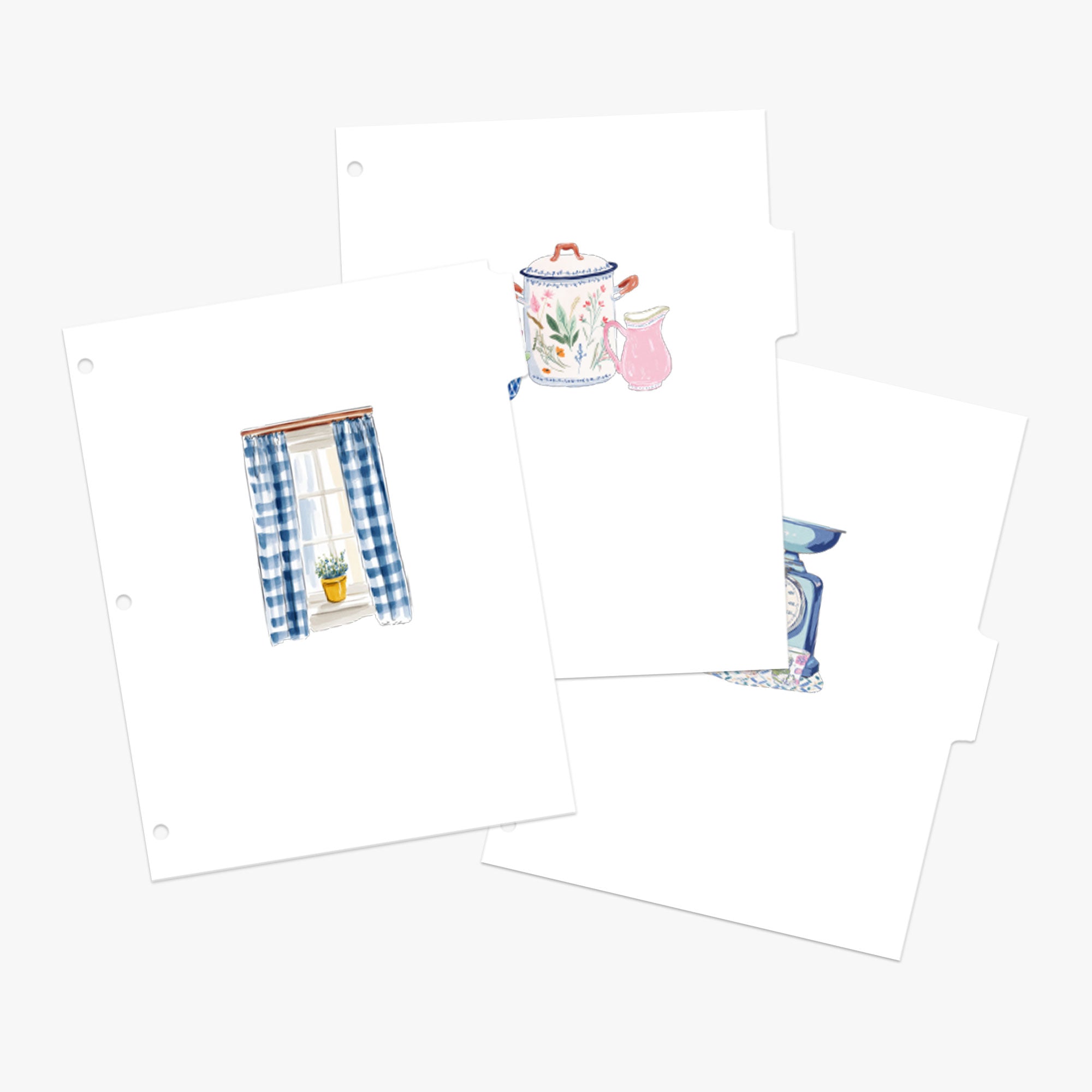 Set of recipe binder tab dividers with a cottage cooking theme, featuring illustrations of a sunny window, pots and pans