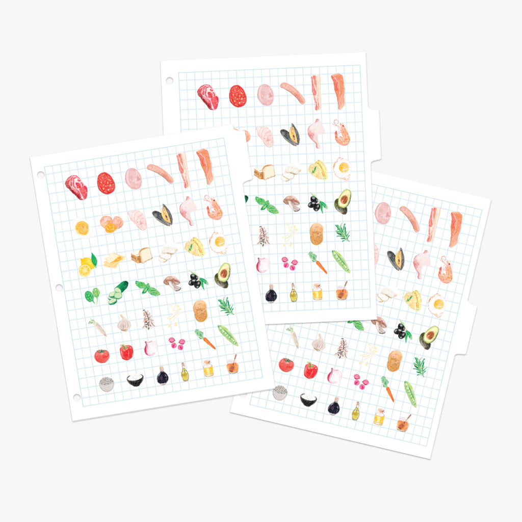 Set of recipe tab dividers featuring colorful produce on a blue grid