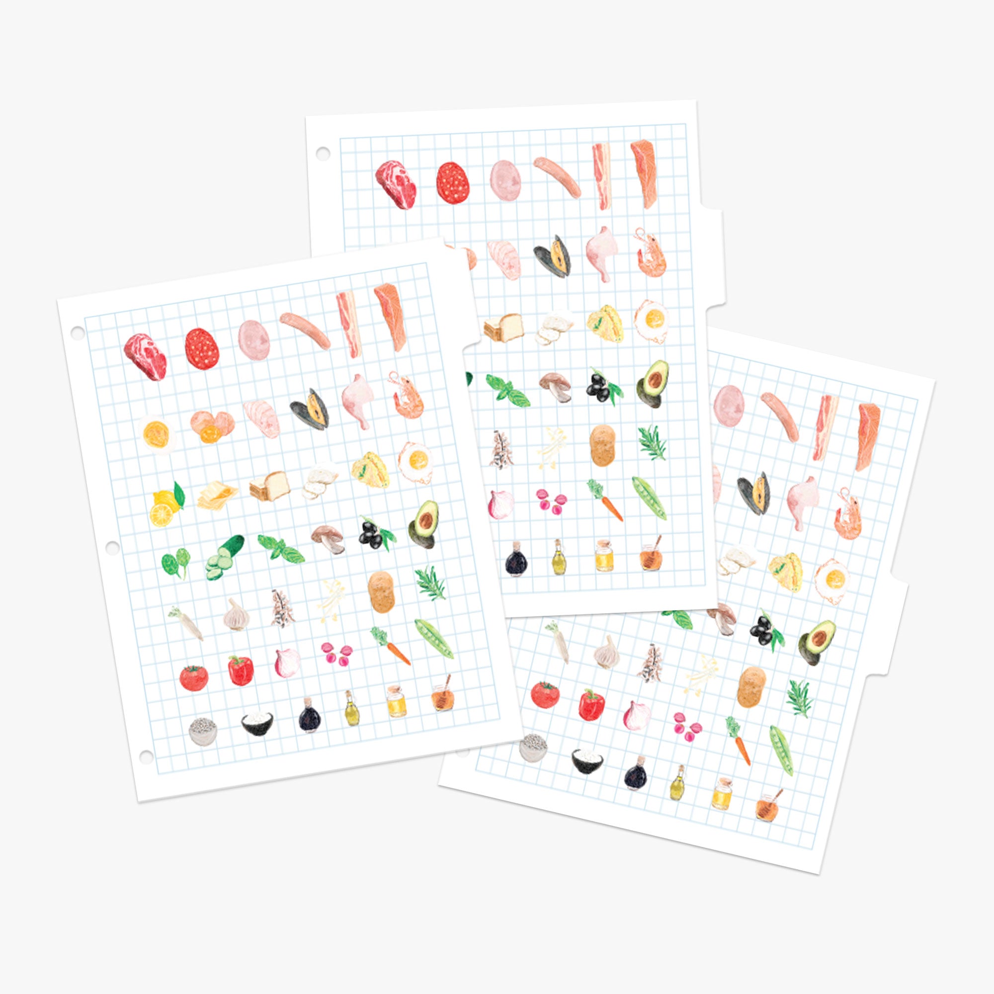 Set of recipe tab dividers featuring colorful produce on a blue grid