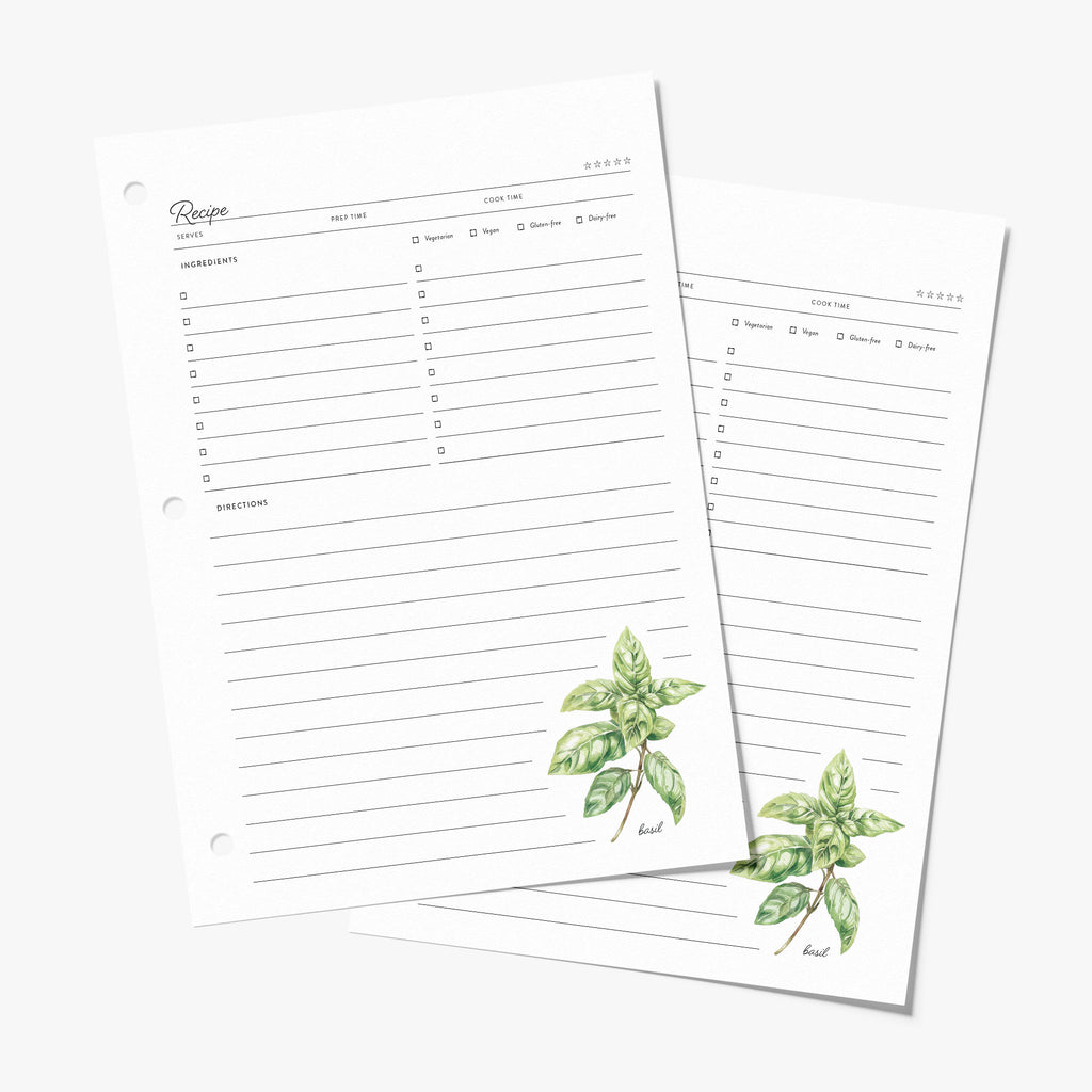 Recipe binder refill pages with green basil illustrations on a white background
