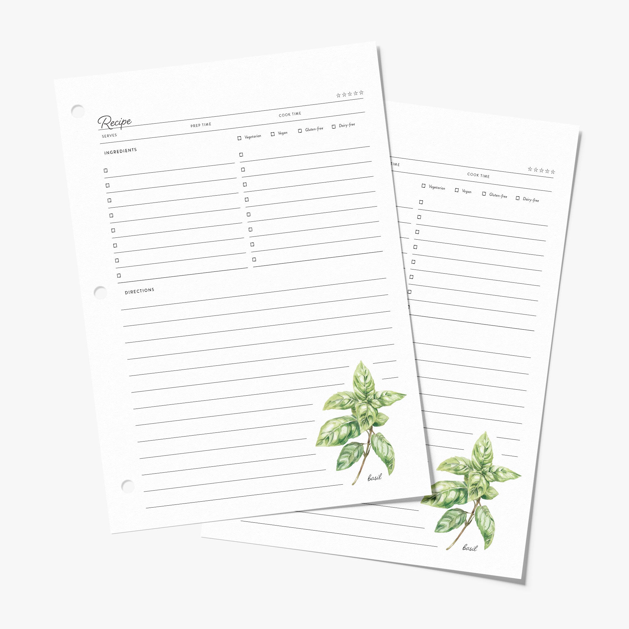 Recipe binder refill pages with green basil illustrations on a white background