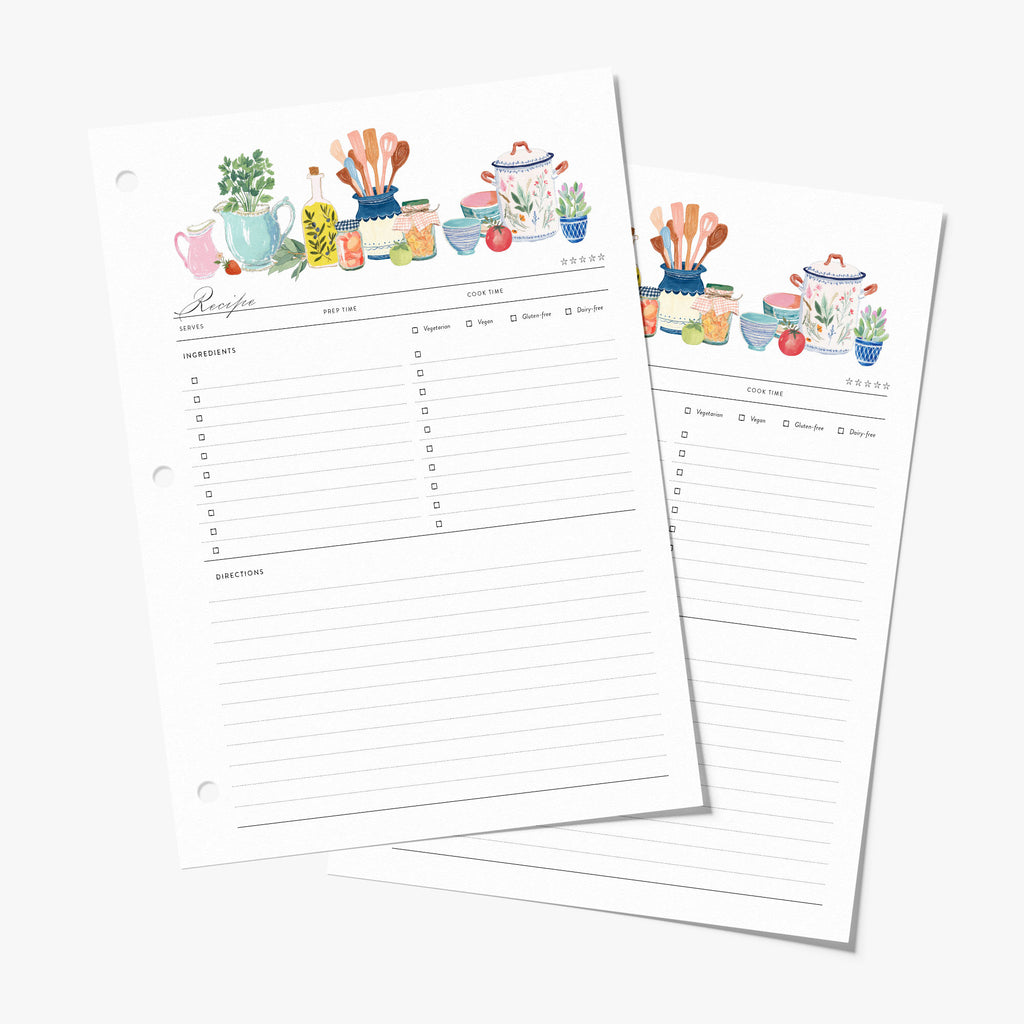 Recipe binder refill pages with watercolor kitchen-themed illustrations on a white background