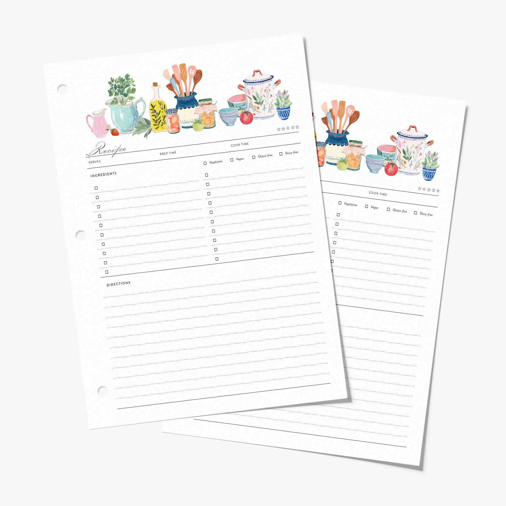 Recipe binder refill pages with watercolor kitchen-themed illustrations on a white background