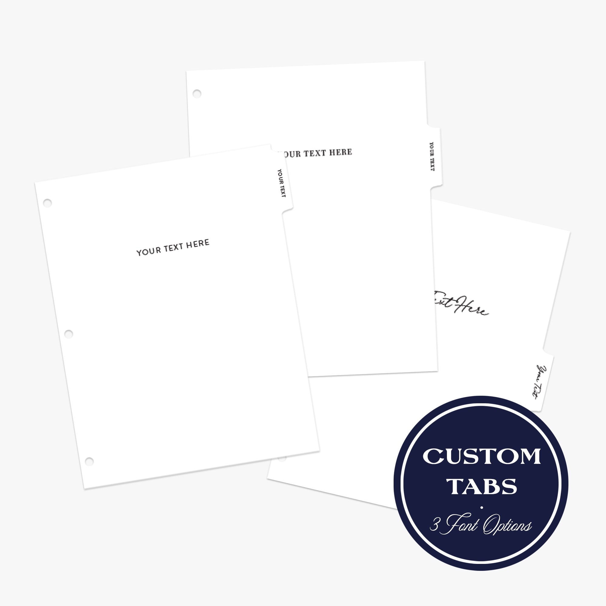 Set of 10 custom binder divider tabs personalized with your text in a choice of three font styles