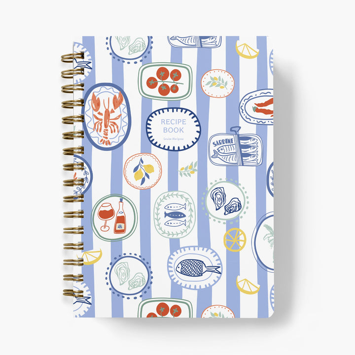 Custom recipe journal with striped cover and Italian summer food illustrations on a white background
