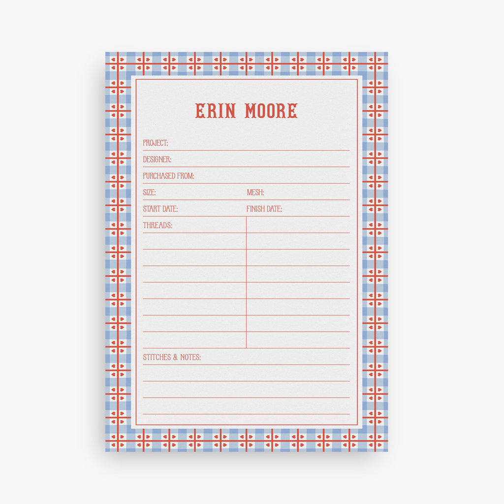 Custom needlepoint project notepad with a checkered border and hearts on a white background