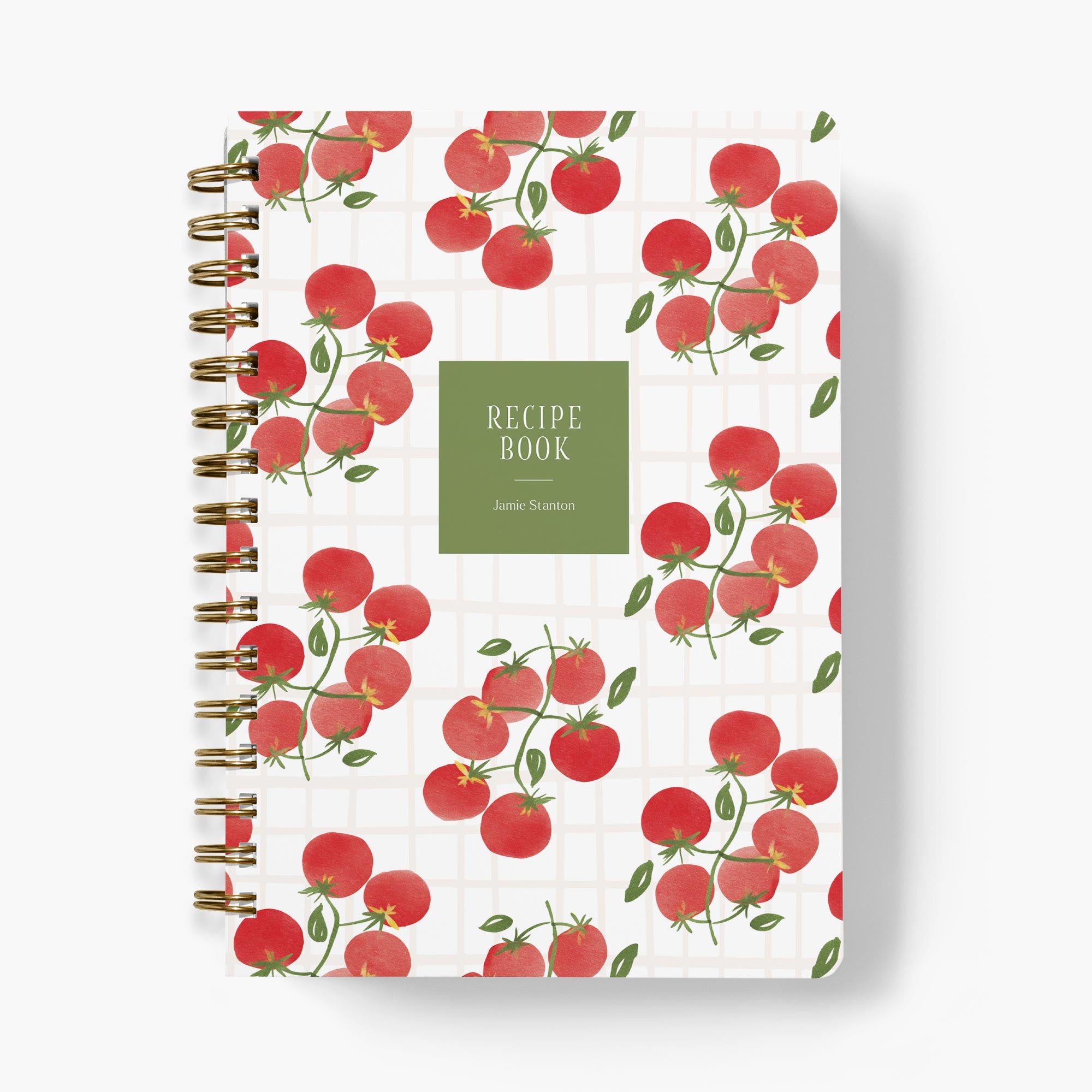 Custom recipe journal with retro-inspired tomato design on a checkered background
