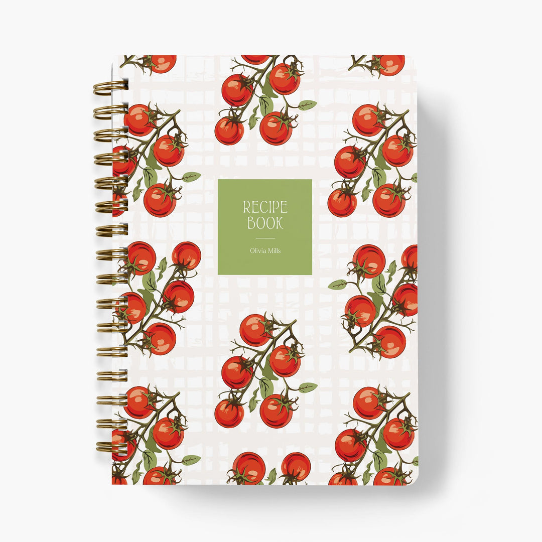 Custom recipe journal with retro-inspired tomato design on a checkered background