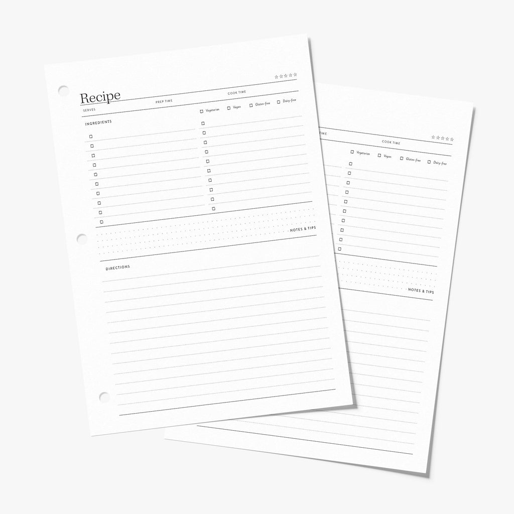 Minimalist recipe card pages on a white background