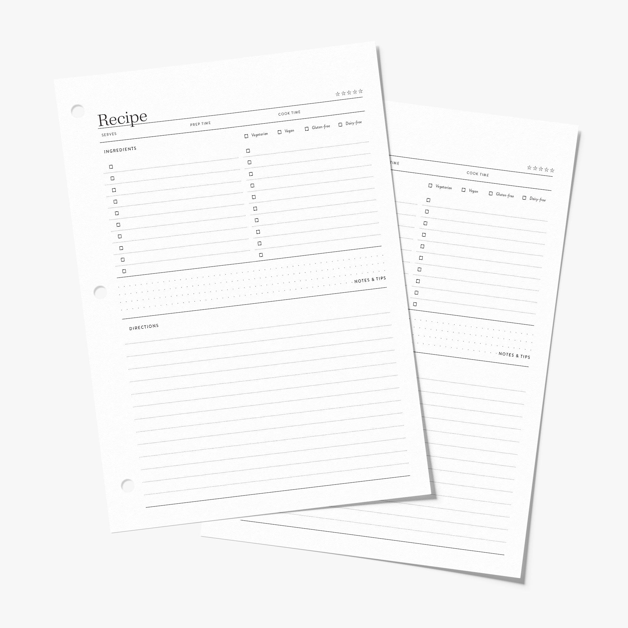 Minimalist recipe card pages on a white background
