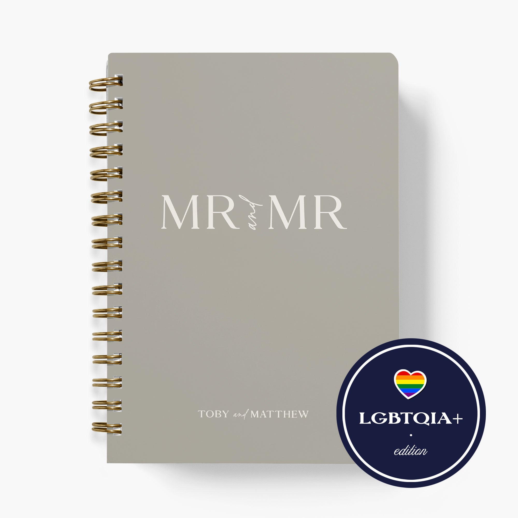 LGBT wedding planner with 'MR and MR' text and LGBTQIA+ edition label on a white background