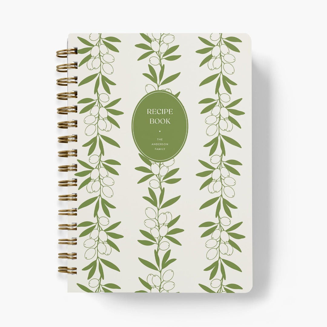Custom recipe book with green olive leaf pattern with gold spiral binding