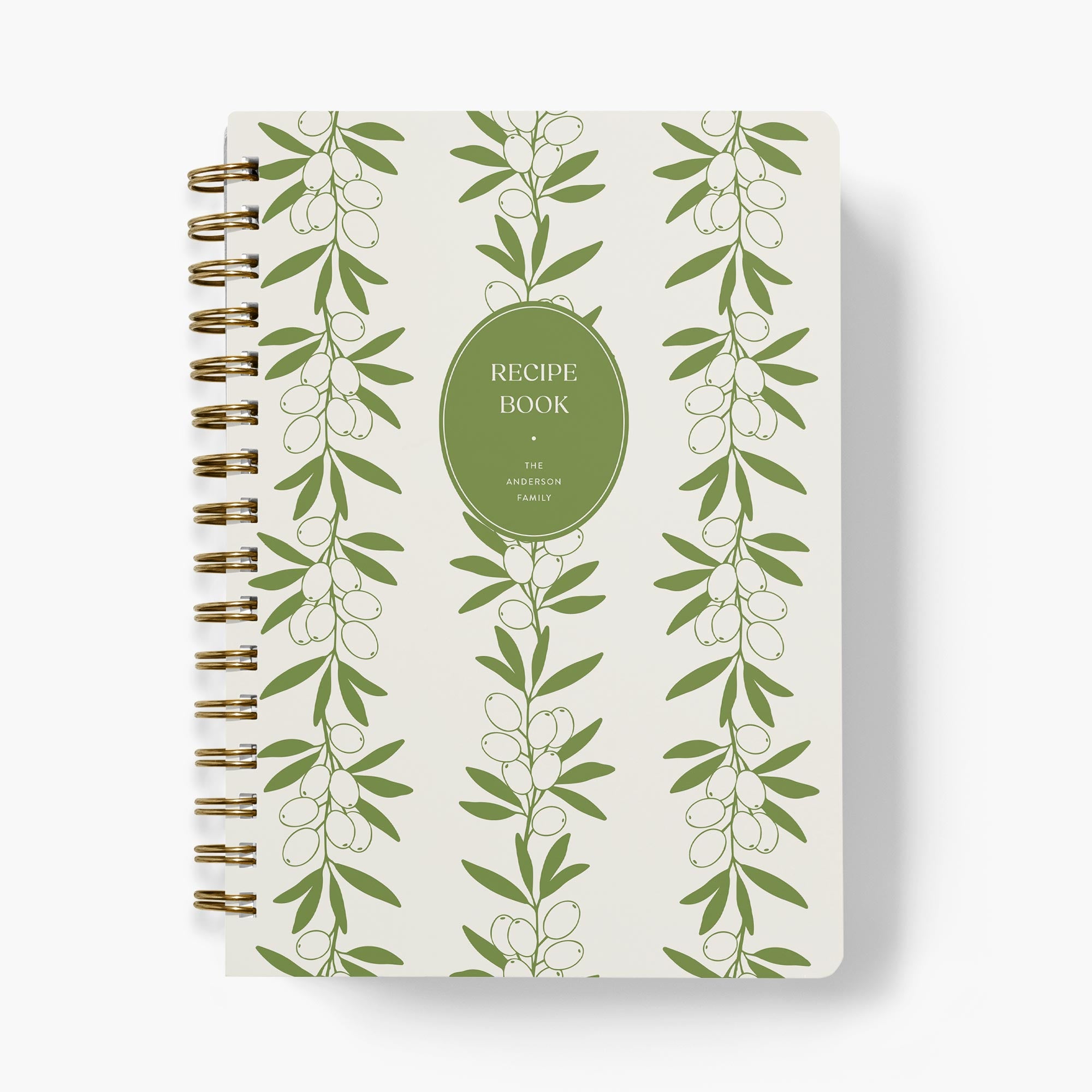 Custom recipe book with green olive leaf pattern with gold spiral binding