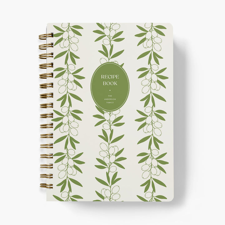 Custom recipe book with green olive leaf pattern with gold spiral binding