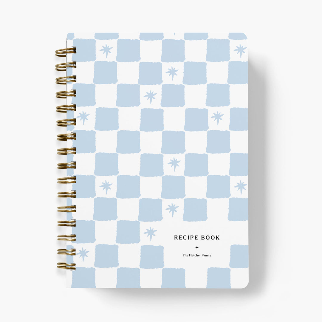 Custom recipe book with painted checkered cover with stars available in multiple colors