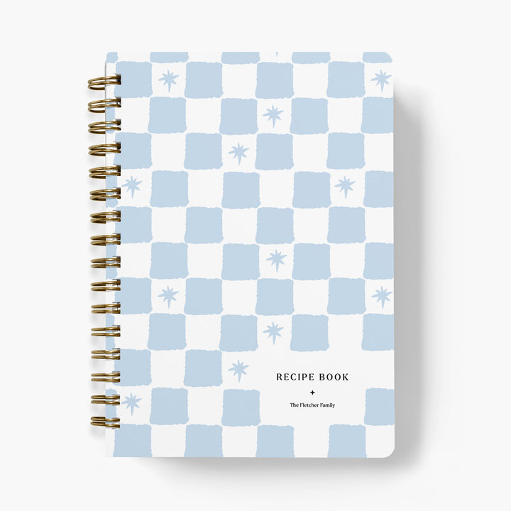 Custom recipe book with painted checkered cover with stars available in multiple colors