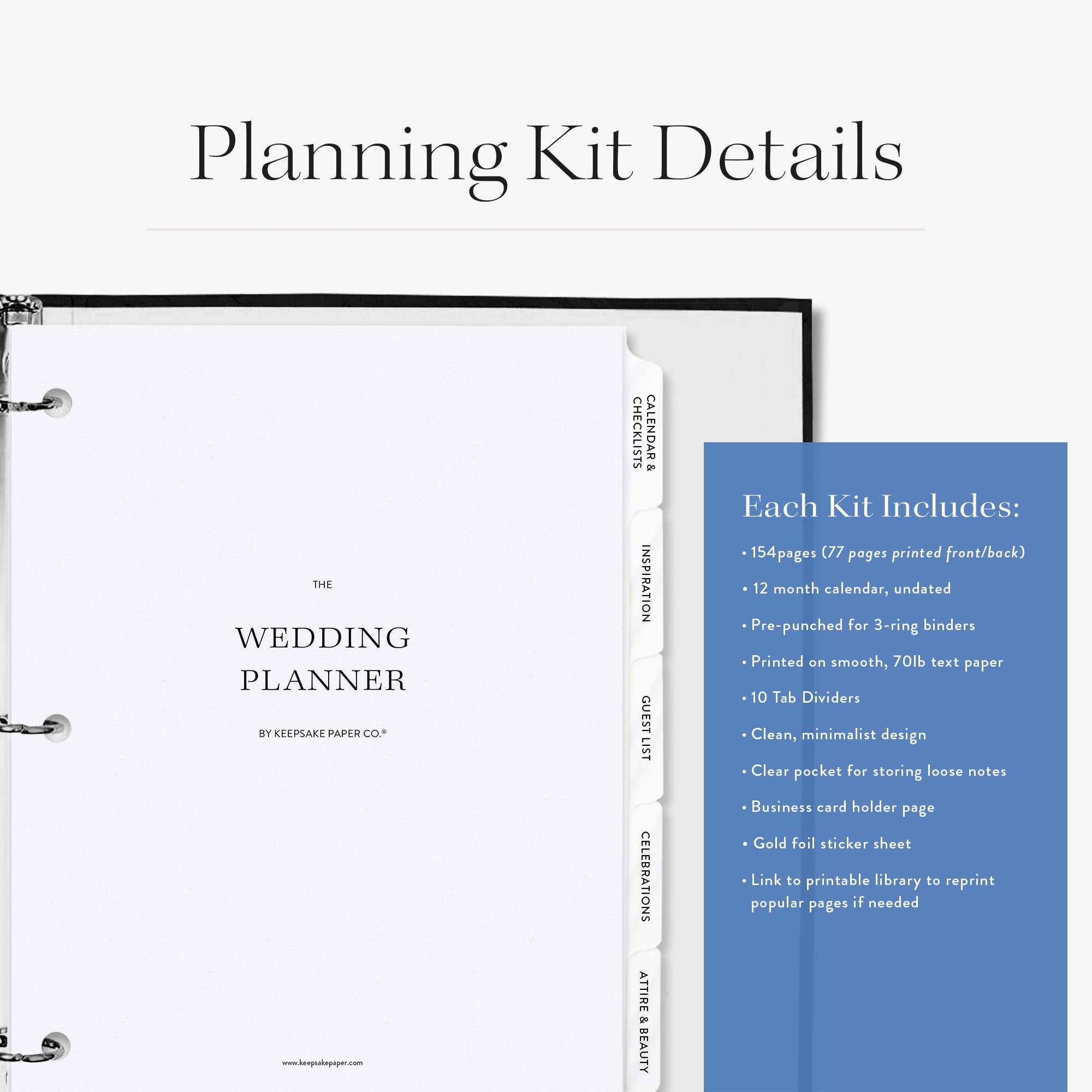 Wedding planner kit with ring binder and included items listed on a white background