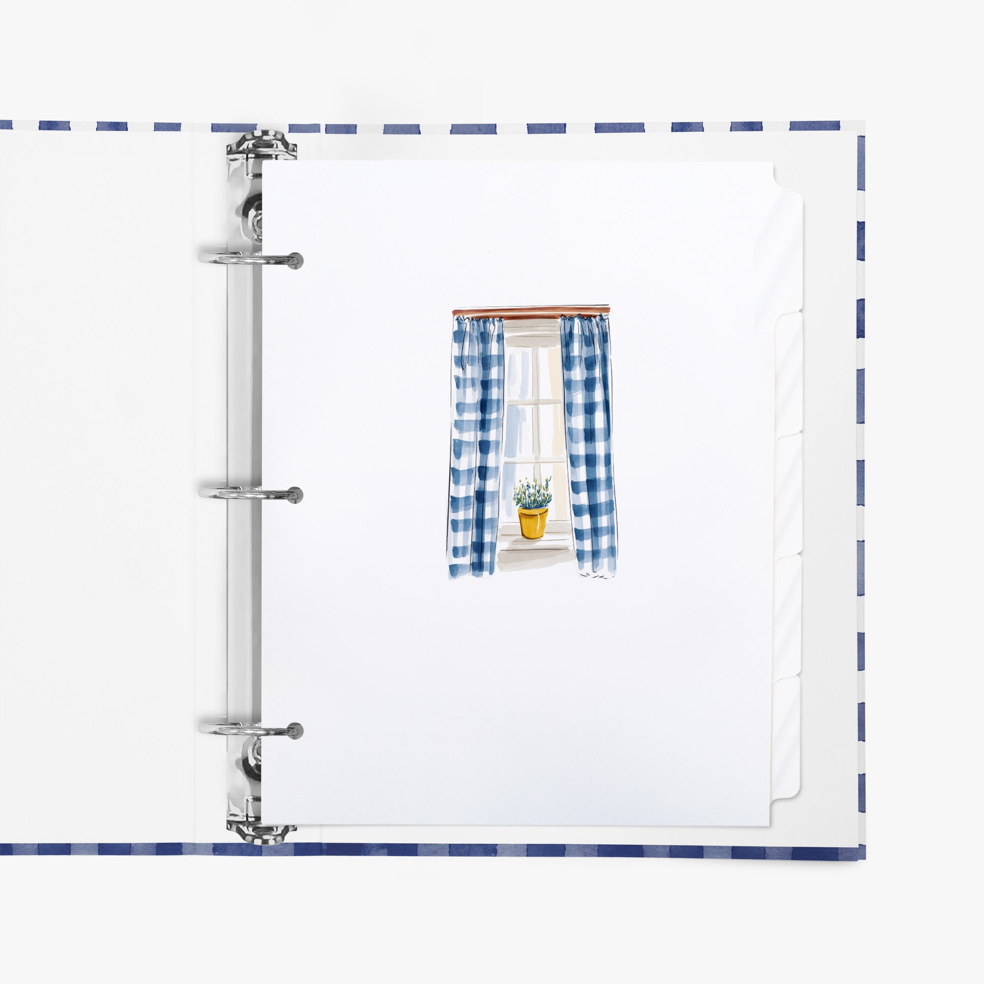 Illustration of a cottage window with blue gingham curtains on a custom tab divider set inside a binder on a white background