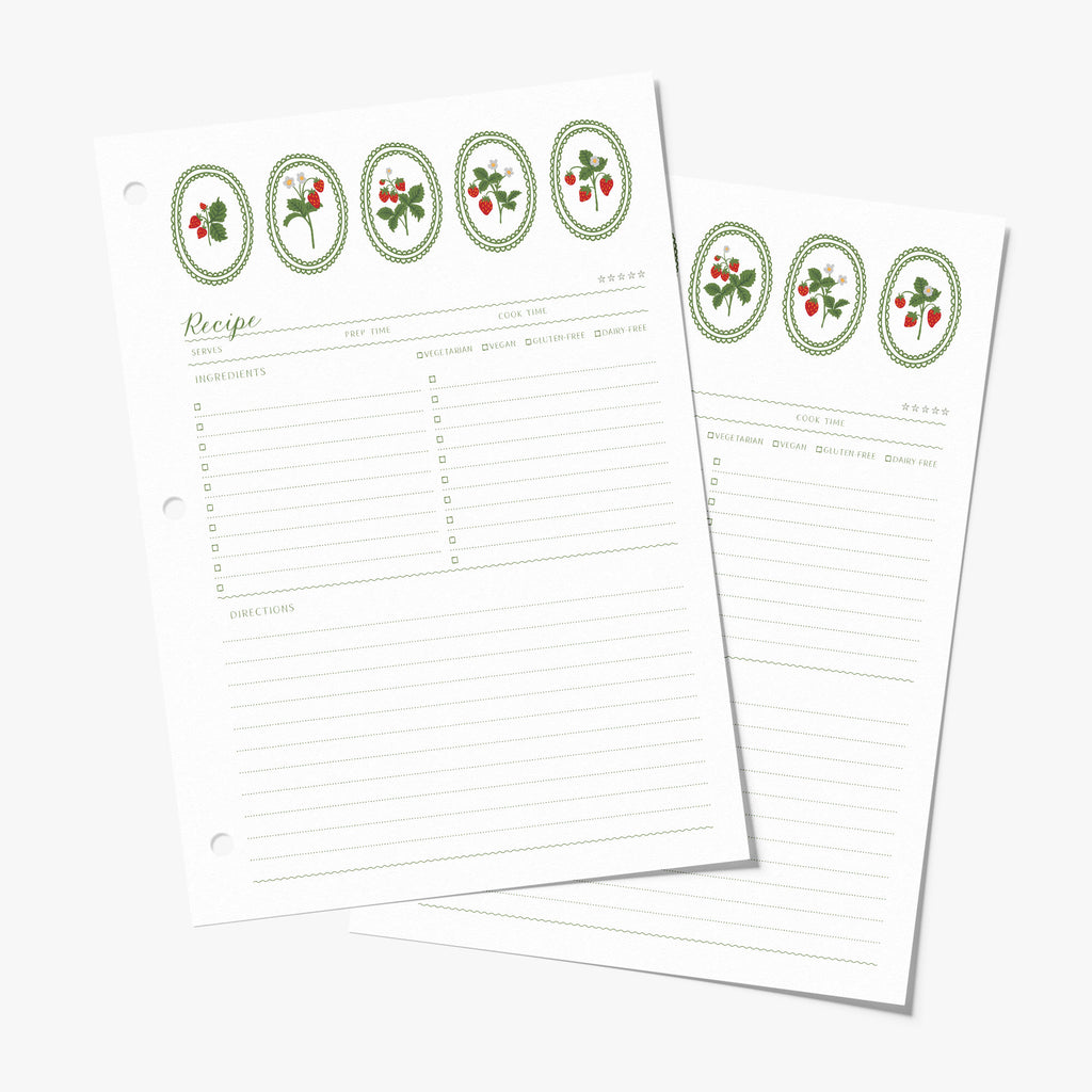 Recipe binder refill pages with strawberry illustrations on a white background