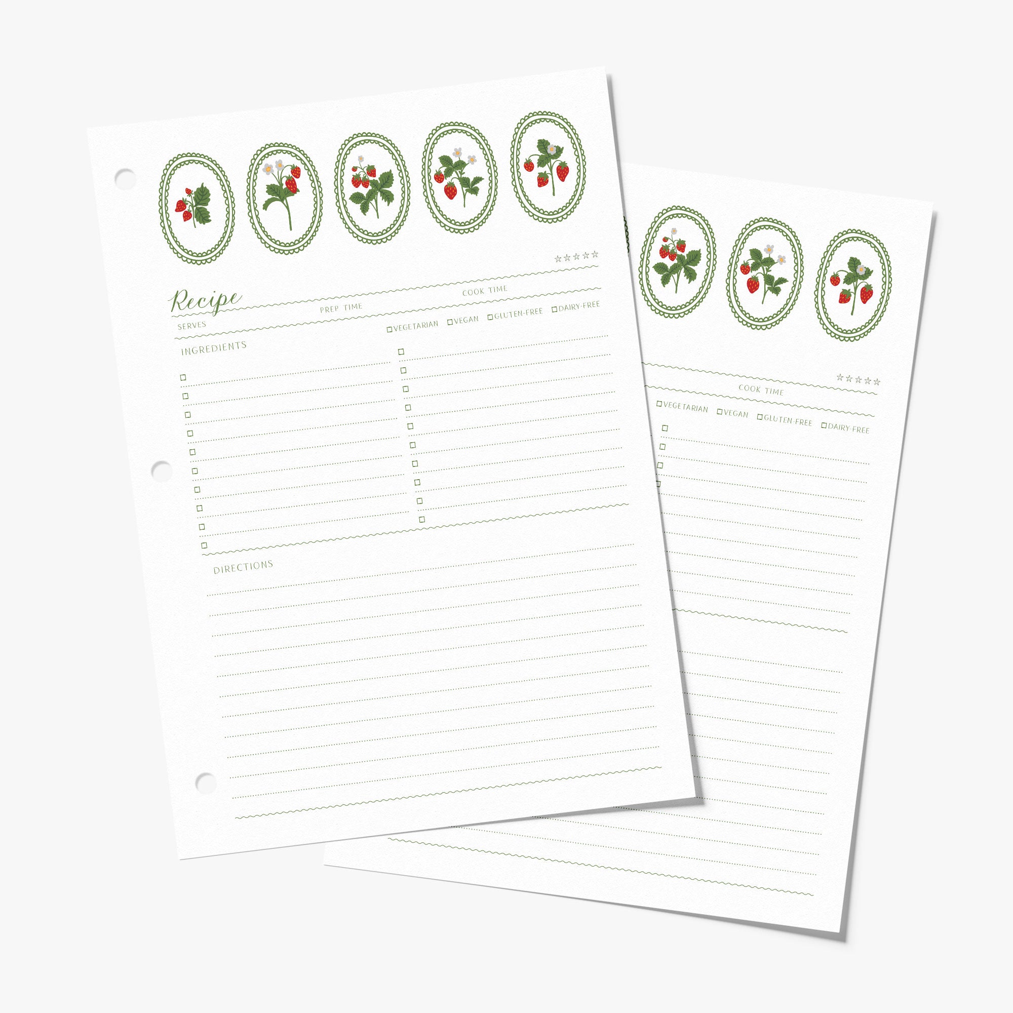 Recipe binder refill pages with strawberry illustrations on a white background