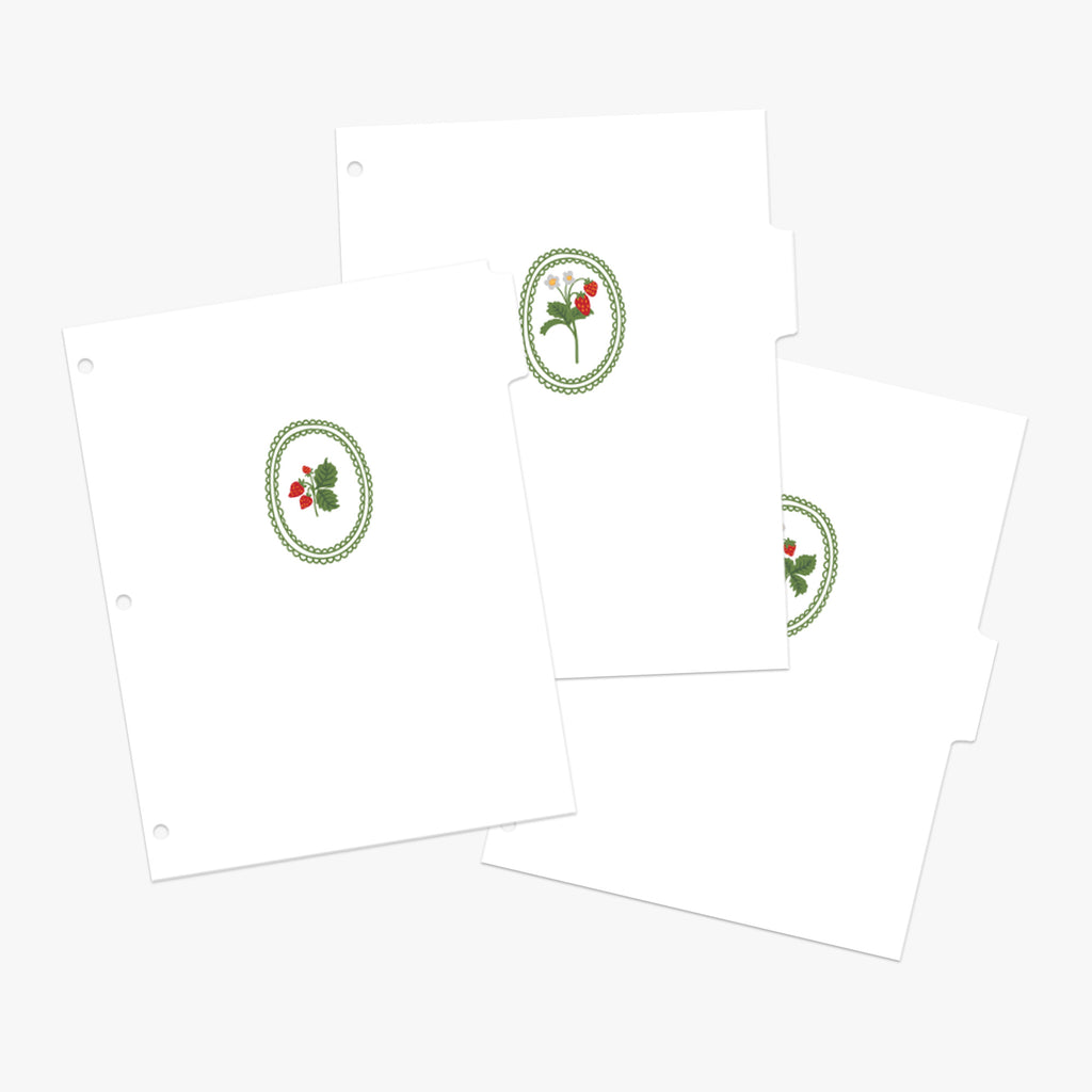 Recipe binder tabs with an illustration of strawberries in a green scalloped frame on a white background