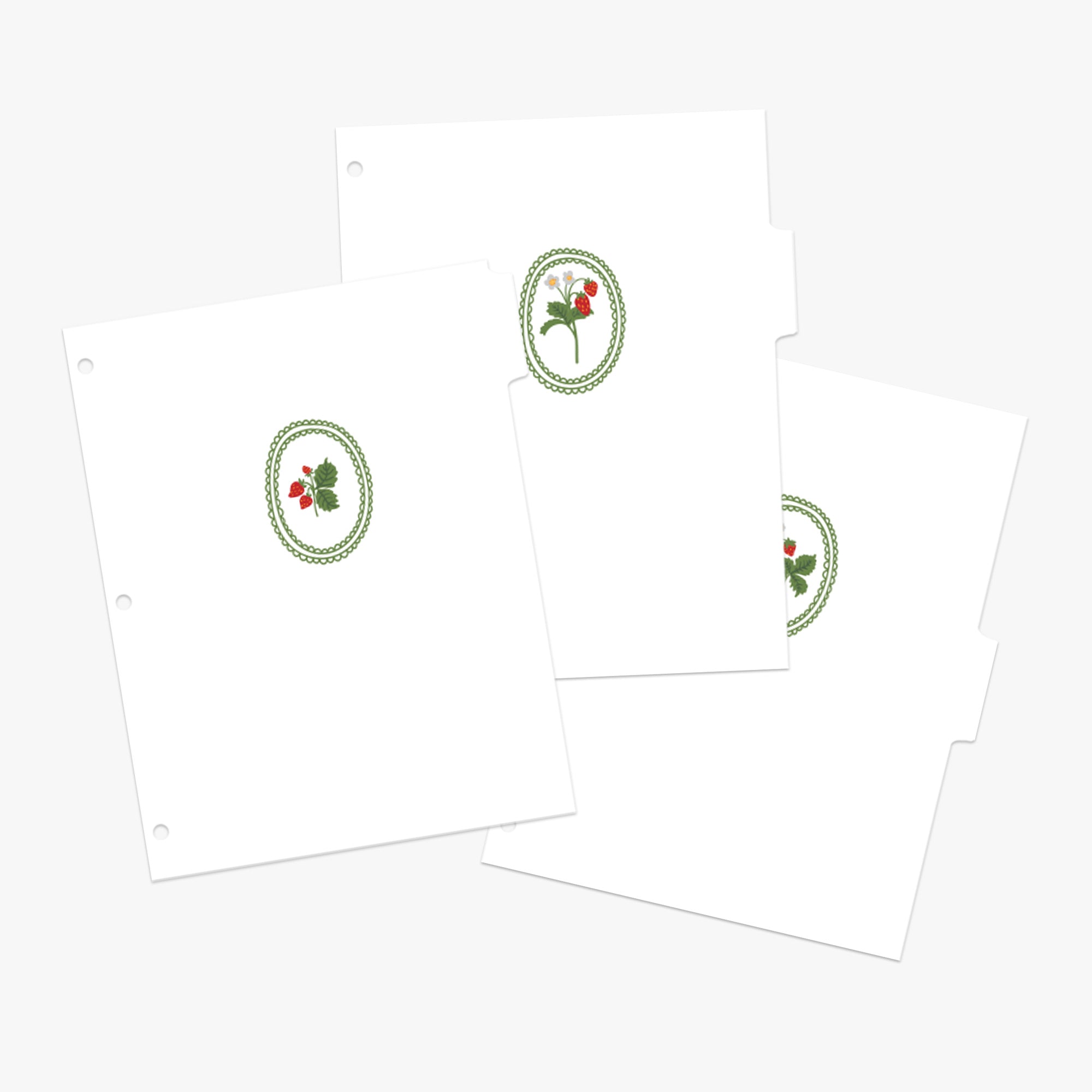Recipe binder tabs with an illustration of strawberries in a green scalloped frame on a white background