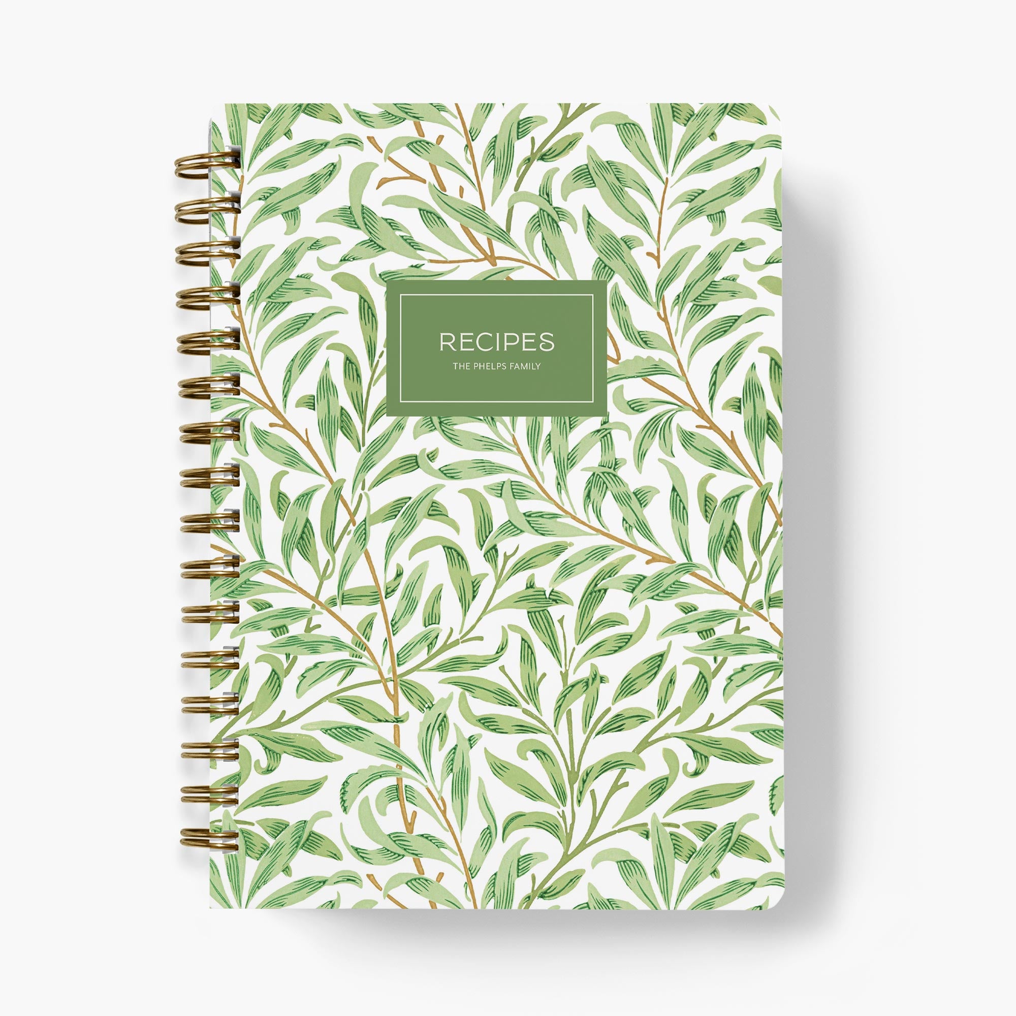 Custom recipe book with William Morris inspired green willow leaf pattern on a white background