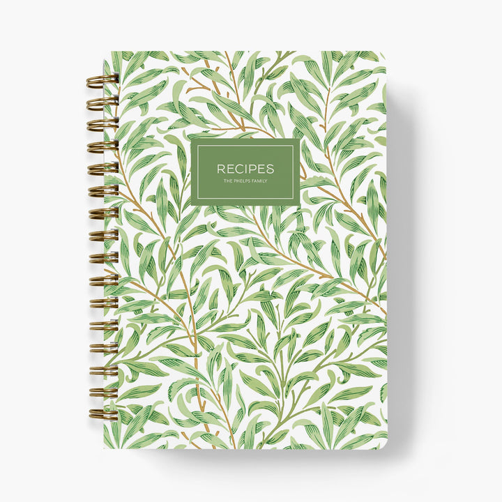 Custom recipe book with William Morris inspired green willow leaf pattern on a white background