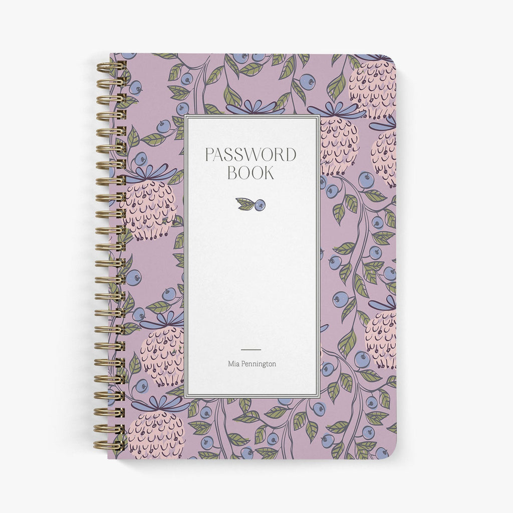Custom password book with a William Morris inspired berry garden design of strawberries and blueberries