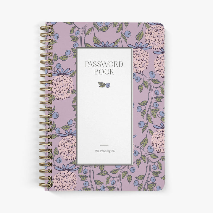 Custom password book with a William Morris inspired berry garden design of strawberries and blueberries