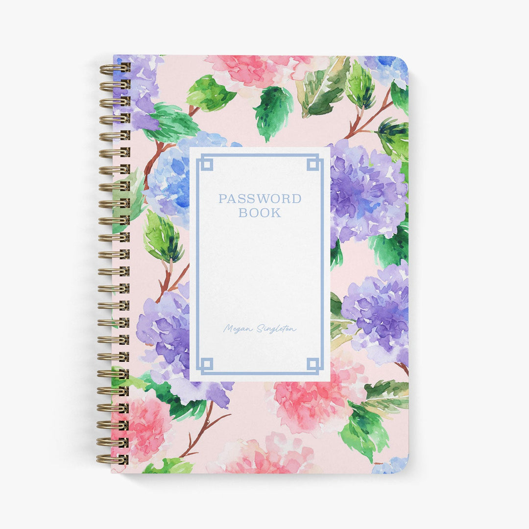 Custom password book featuring a colorful watercolor hydrangea pattern with gold binding