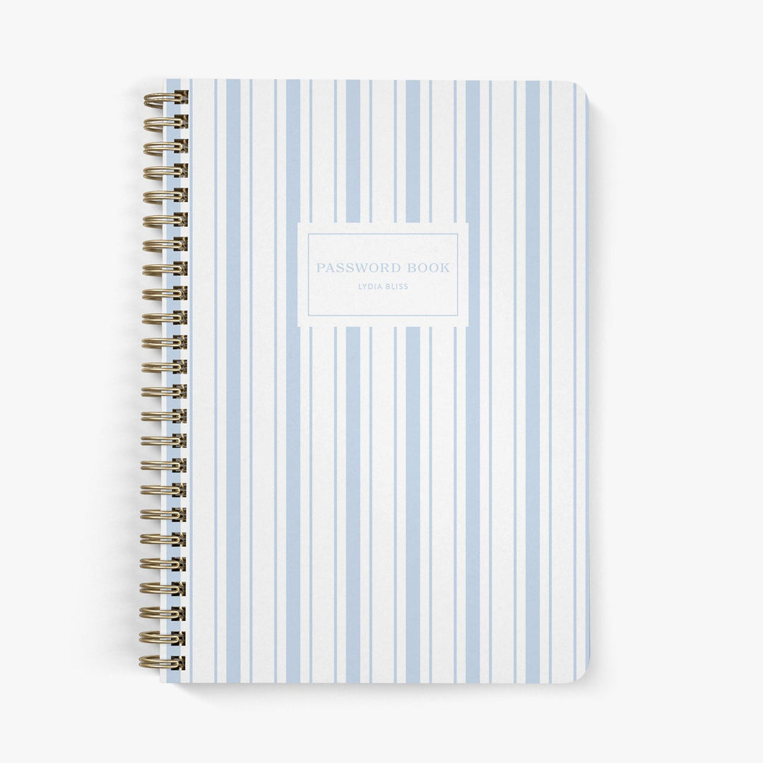 Custom password book with blue and white nautical stripe on a white background