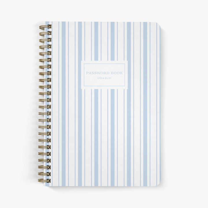 Custom password book with blue and white nautical stripe on a white background