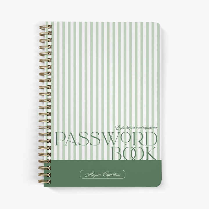 Custom password book features green and white stripes paired with bold fonts on a white background