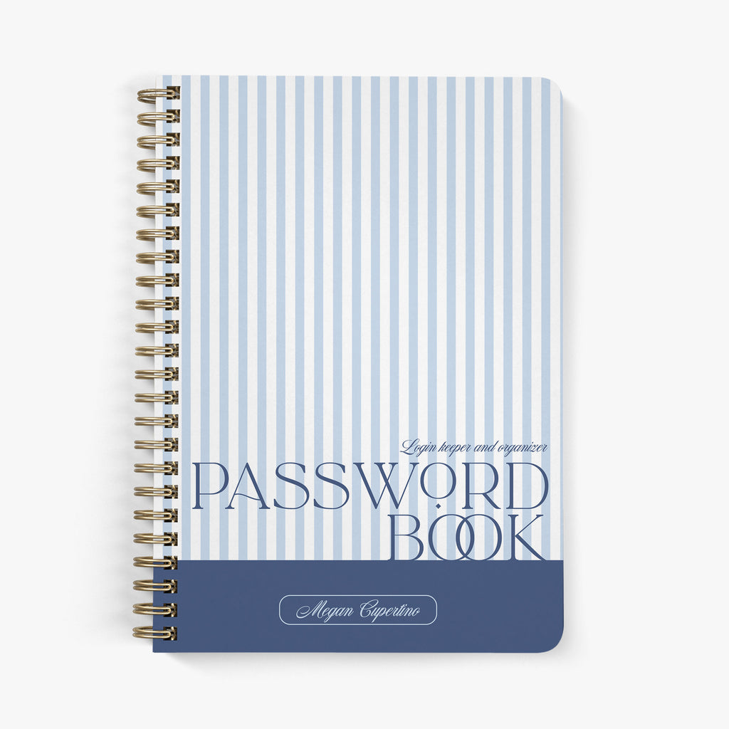Custom password book features blue and white stripes paired with bold fonts on a white background