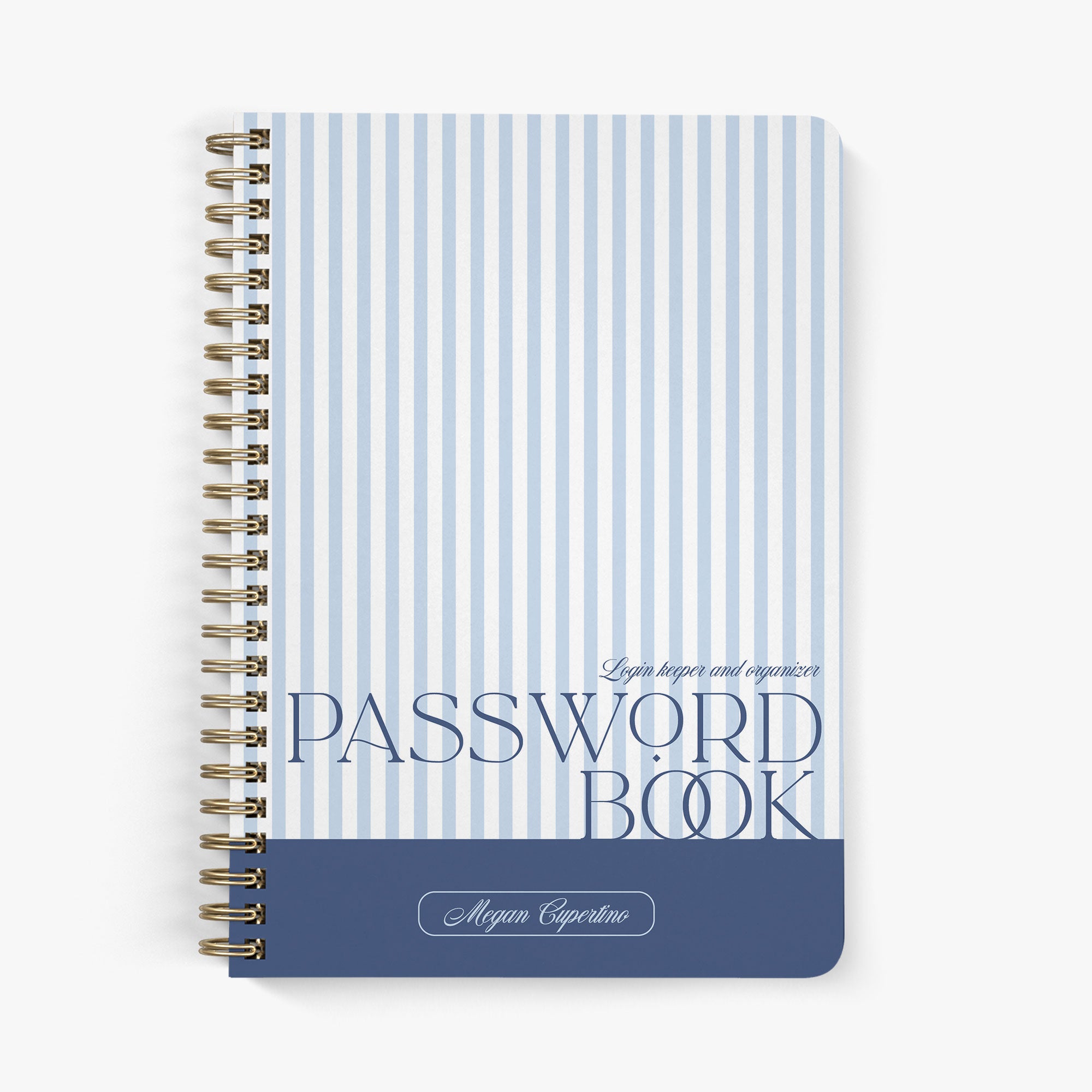 Custom password book features blue and white stripes paired with bold fonts on a white background