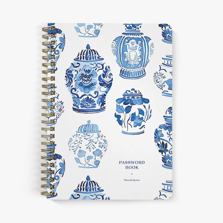 Custom password book featuring blue and white ginger jars with floral patterns and bound with gold wire