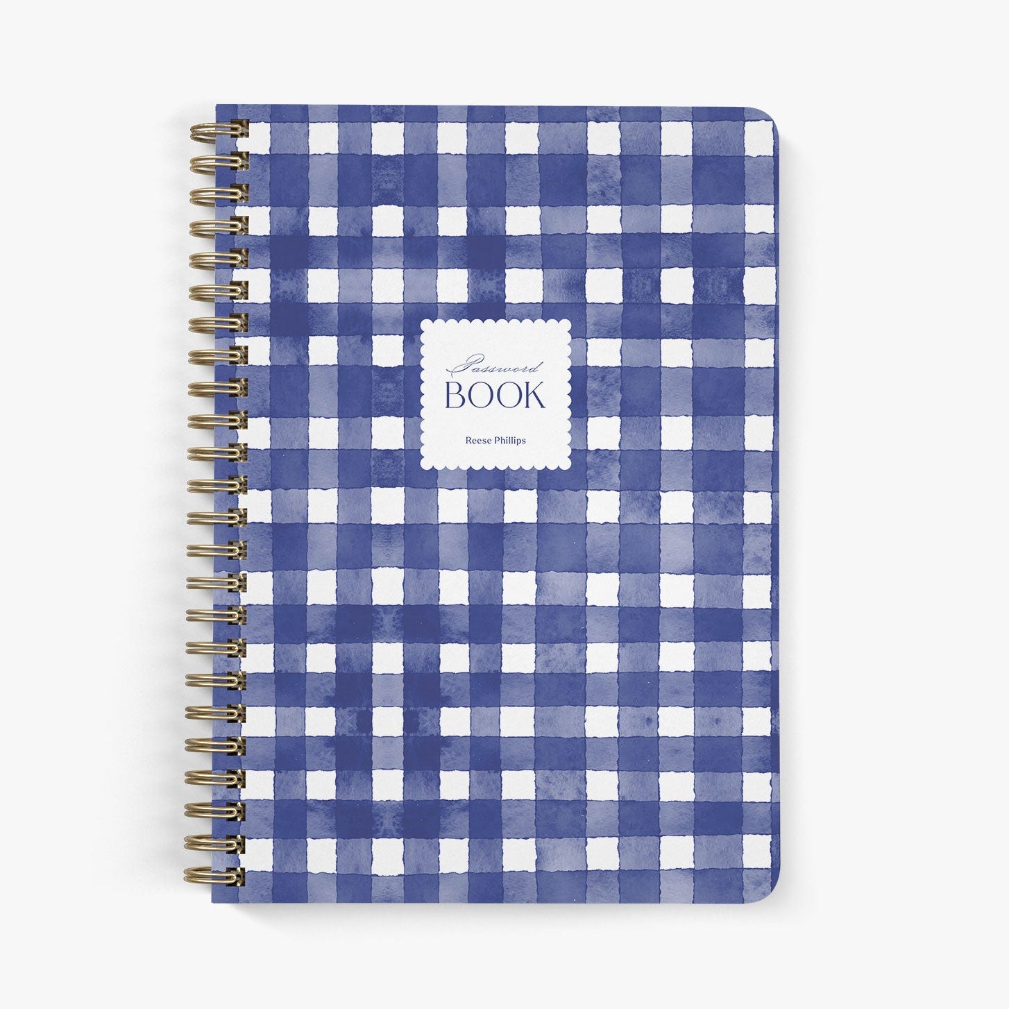 Custom password book with navy and white gingham pattern on a white background