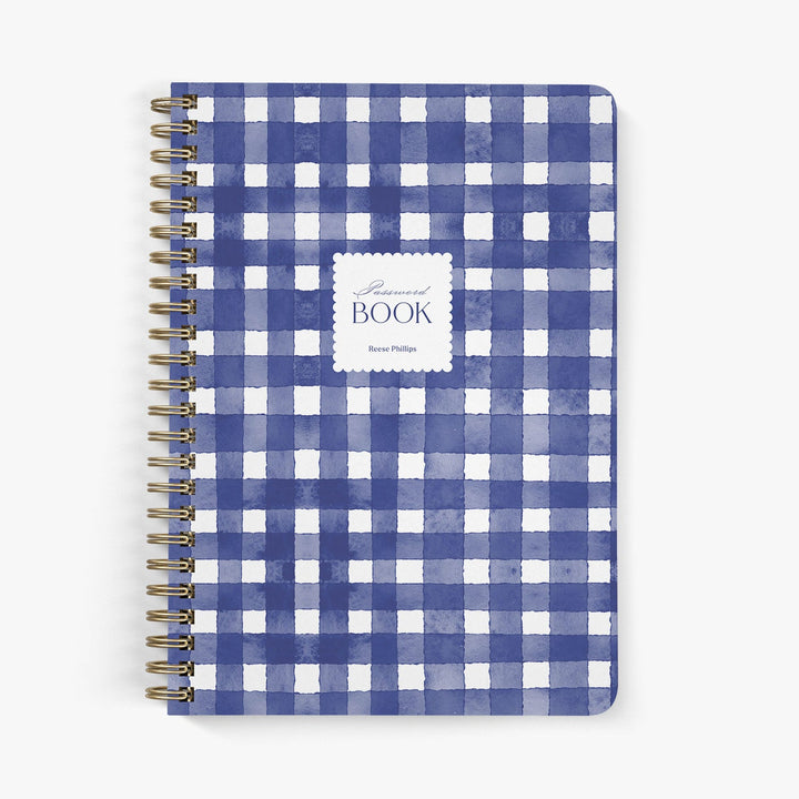 Custom password book with navy and white gingham pattern on a white background