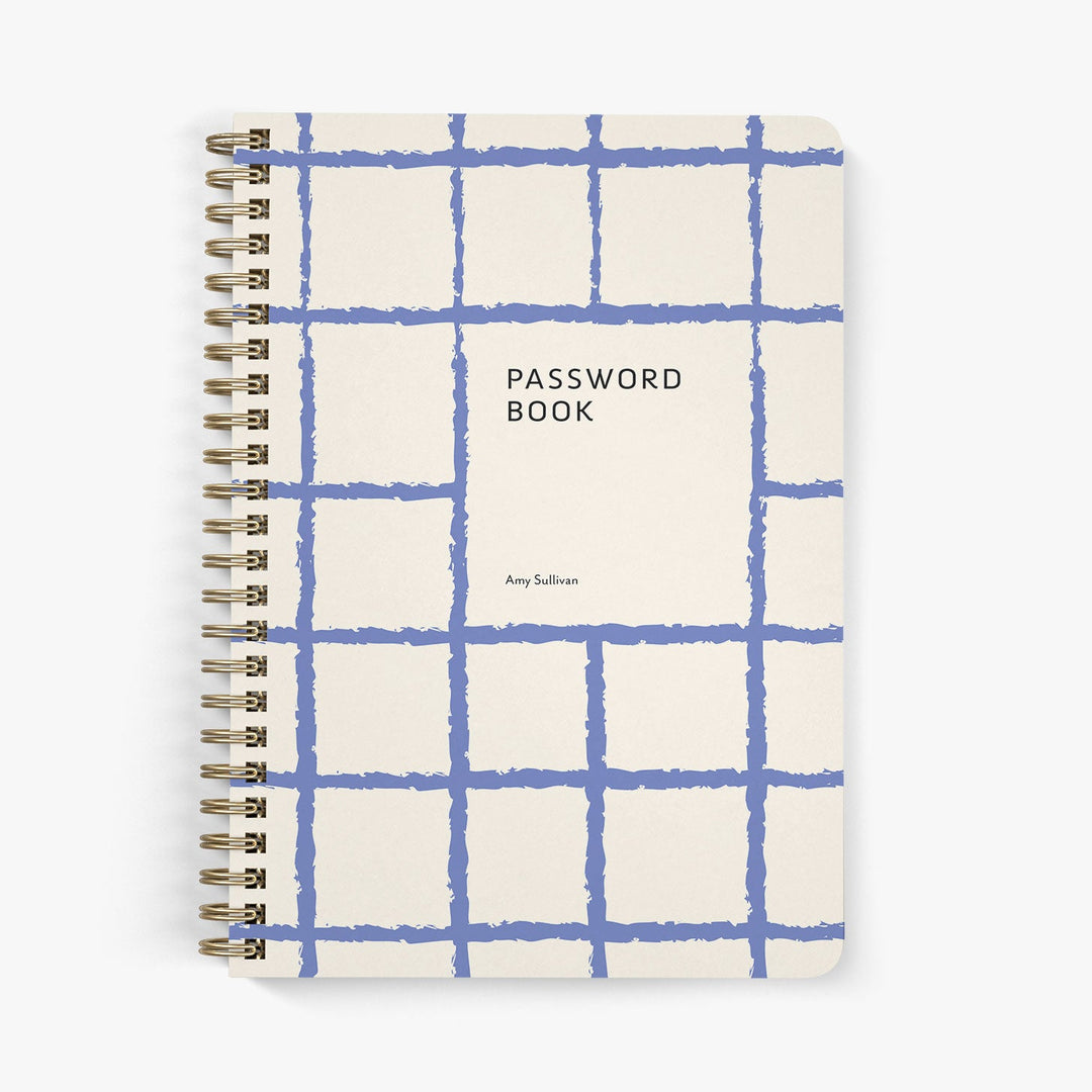 Custom password book with a blue grid pattern on a white background