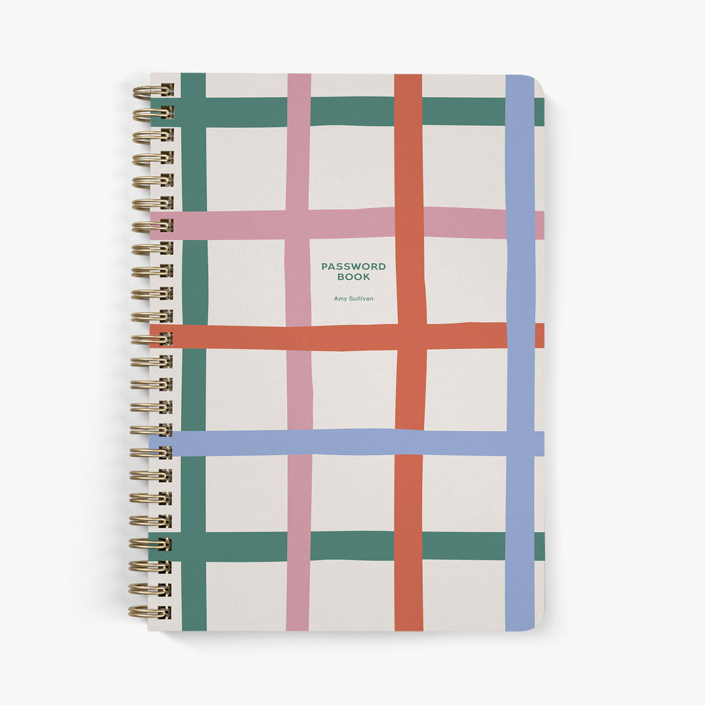 Custom password book with a colorful grid pattern on a white background