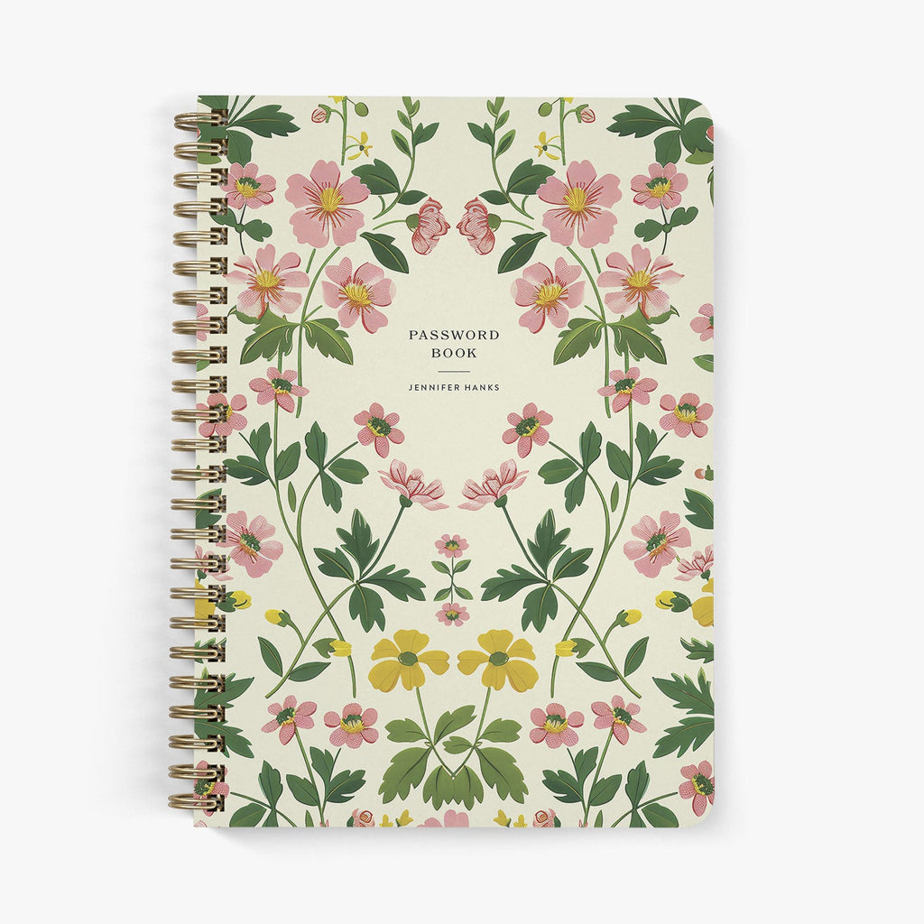 Custom vintage floral password keeper with gold wire binding on a white background
