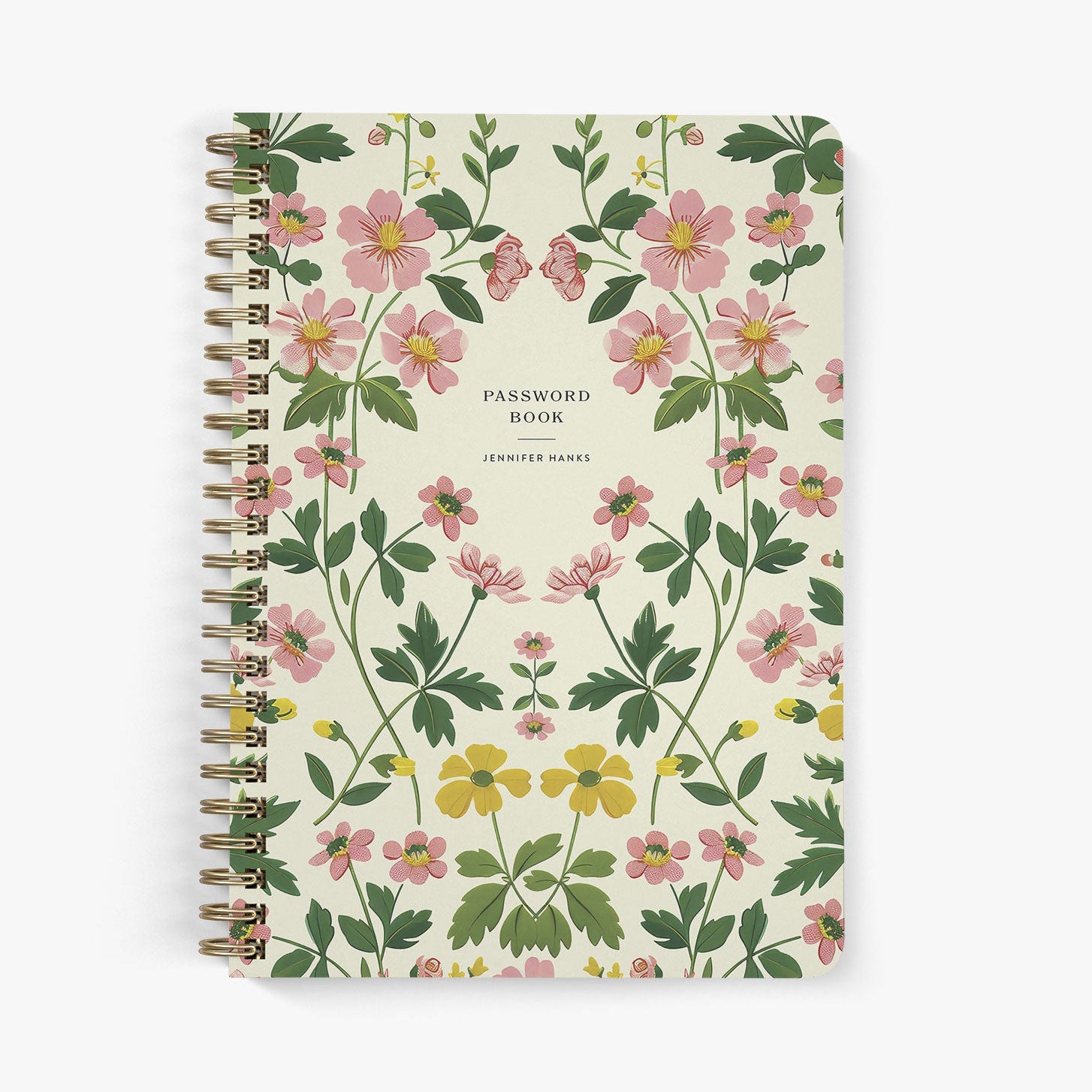 Custom vintage floral password keeper with gold wire binding on a white background