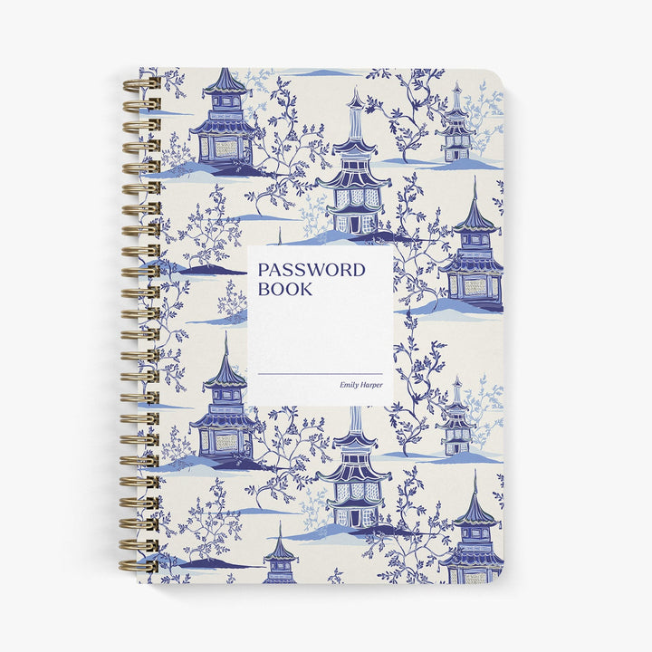Custom password book with chinoiserie inspired pagoda design in blue and white