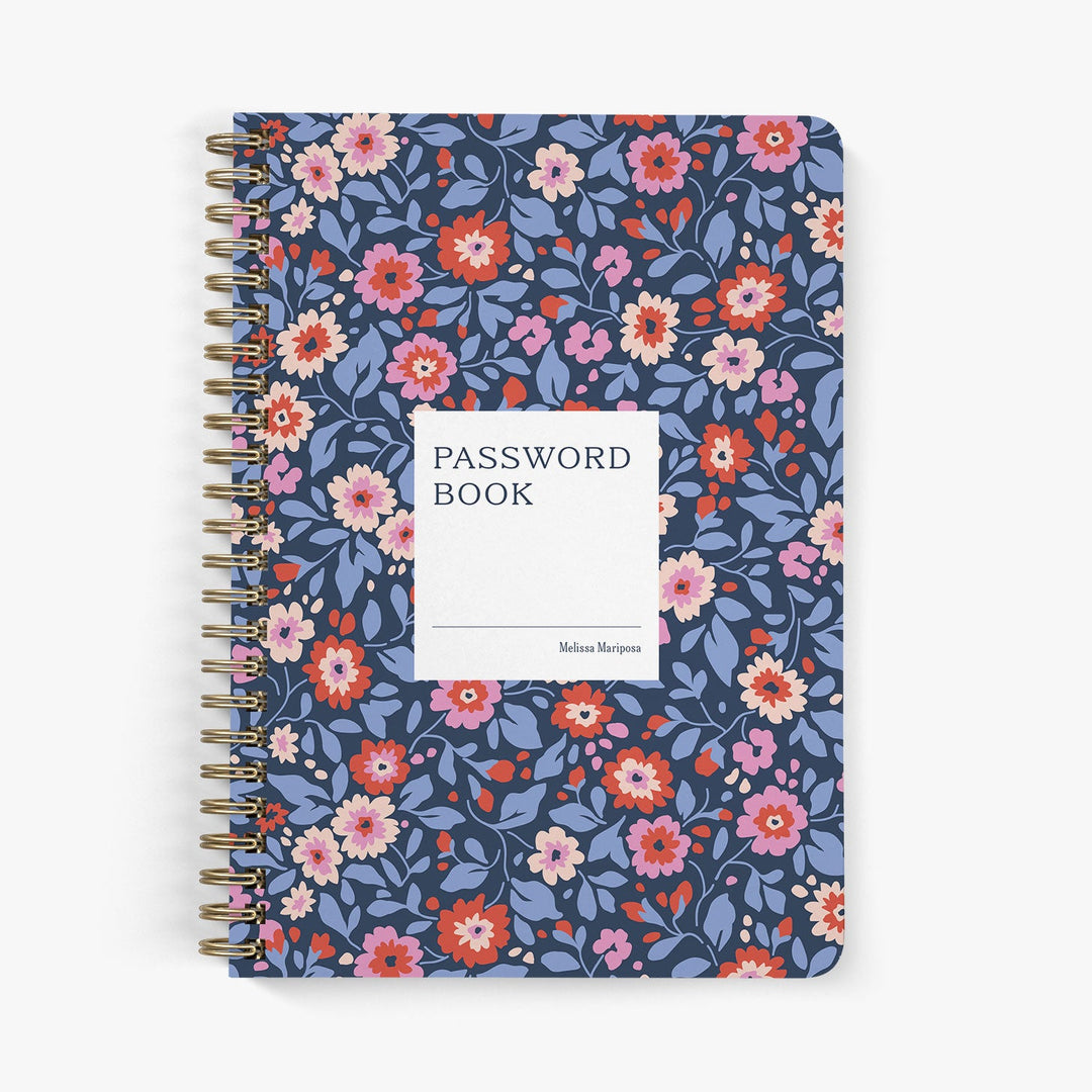 Password book with preppy floral pattern in red, pink and navy on a white background
