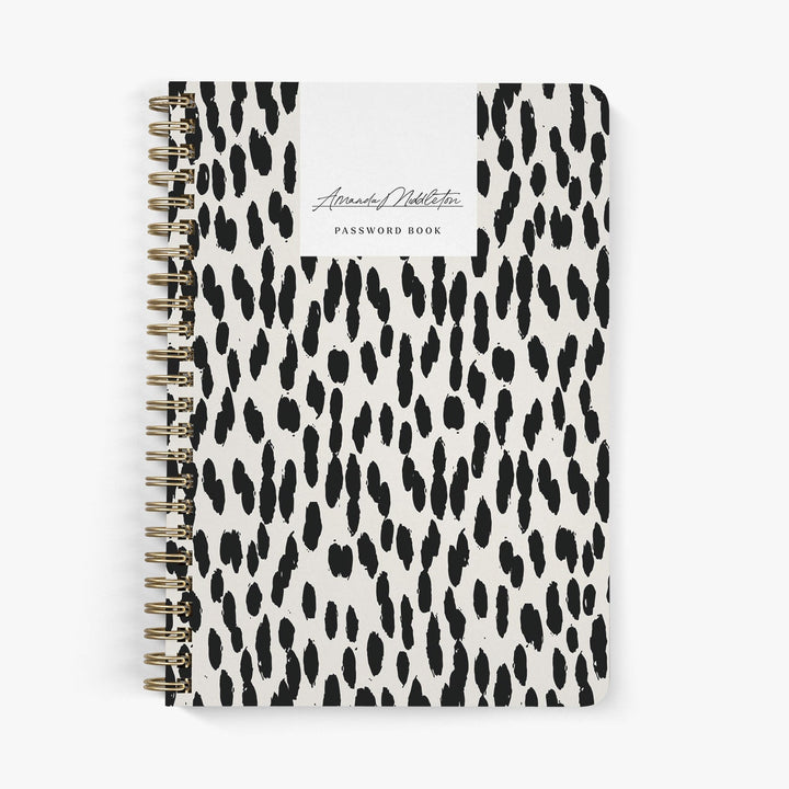 Custom password book with black leopard print on a beige background paired with stylish fonts