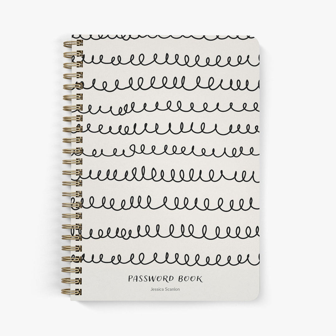 Custom password book with whimsical squiggle design in black and beige with gold wire binding
